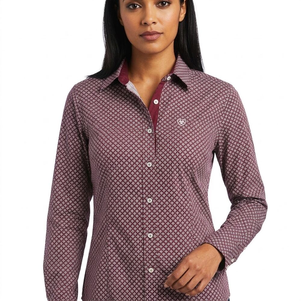 Ariat Cotton Blend Maroon Geometric Stretch Button-Up Shirt Women Size S/p